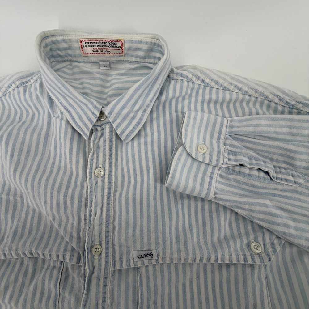 Vtg Guess Jeans Georges Marciano Blue Stripe Button Up Shirt Size L  USA Cotton